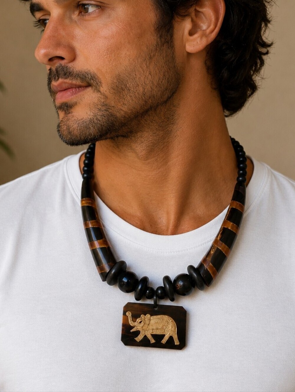 Vtg Antler Beaded Horn Carved Elephant Pendant African Unisex Necklace